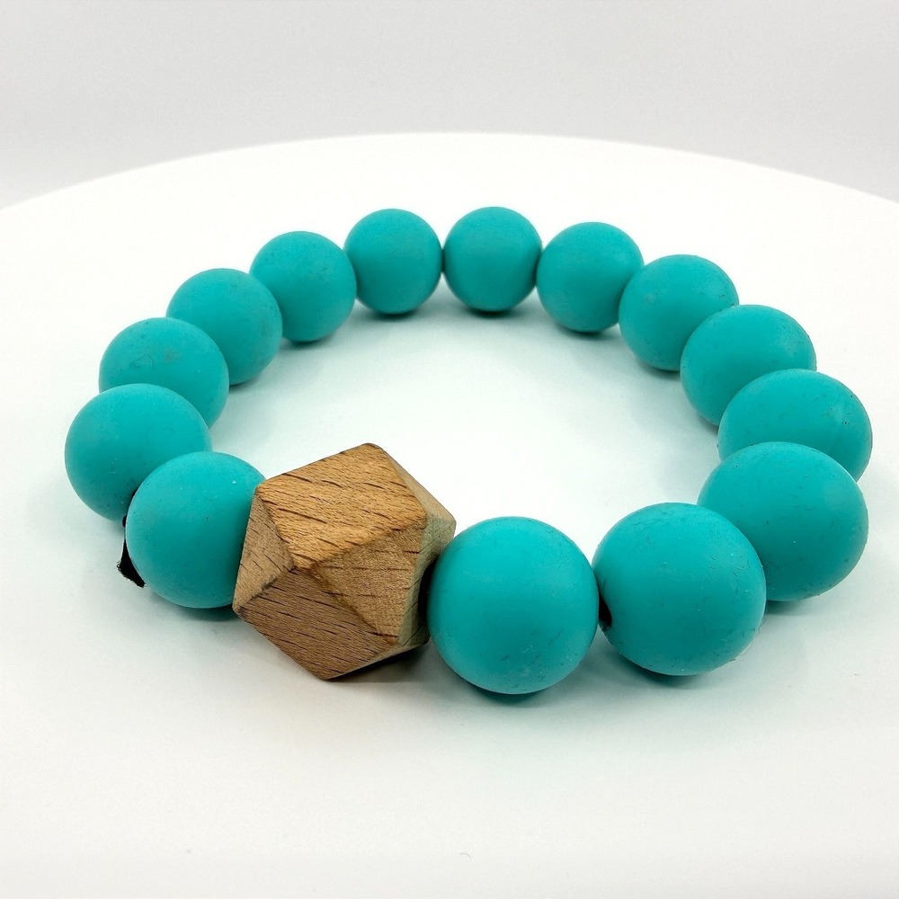 Vintage Teal Blue‎ Silicone Beaded Stretch Bracelet Geometric Wood Bead Chunky